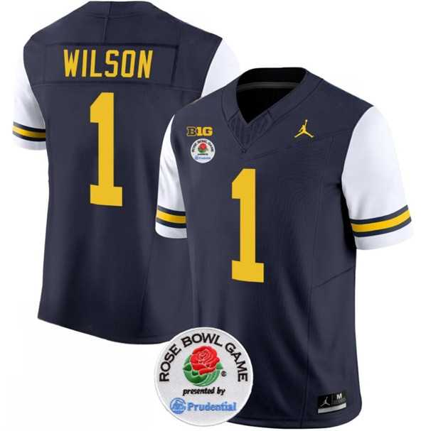 Men%27s Michigan Wolverines #1 Roman Wilson 2023 F.U.S.E. Navy White Rose Bowl Patch Stitched Jersey Dzhi